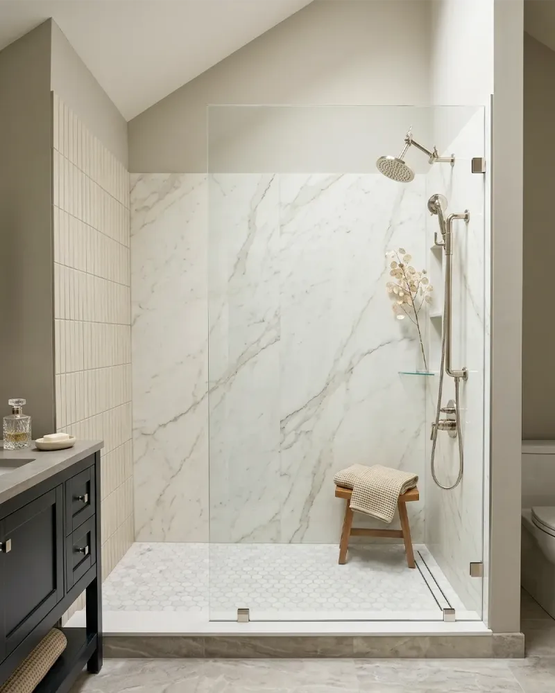 Fixed glass shower panel walk-in shower with white marble tile, wood bench and brass hardware