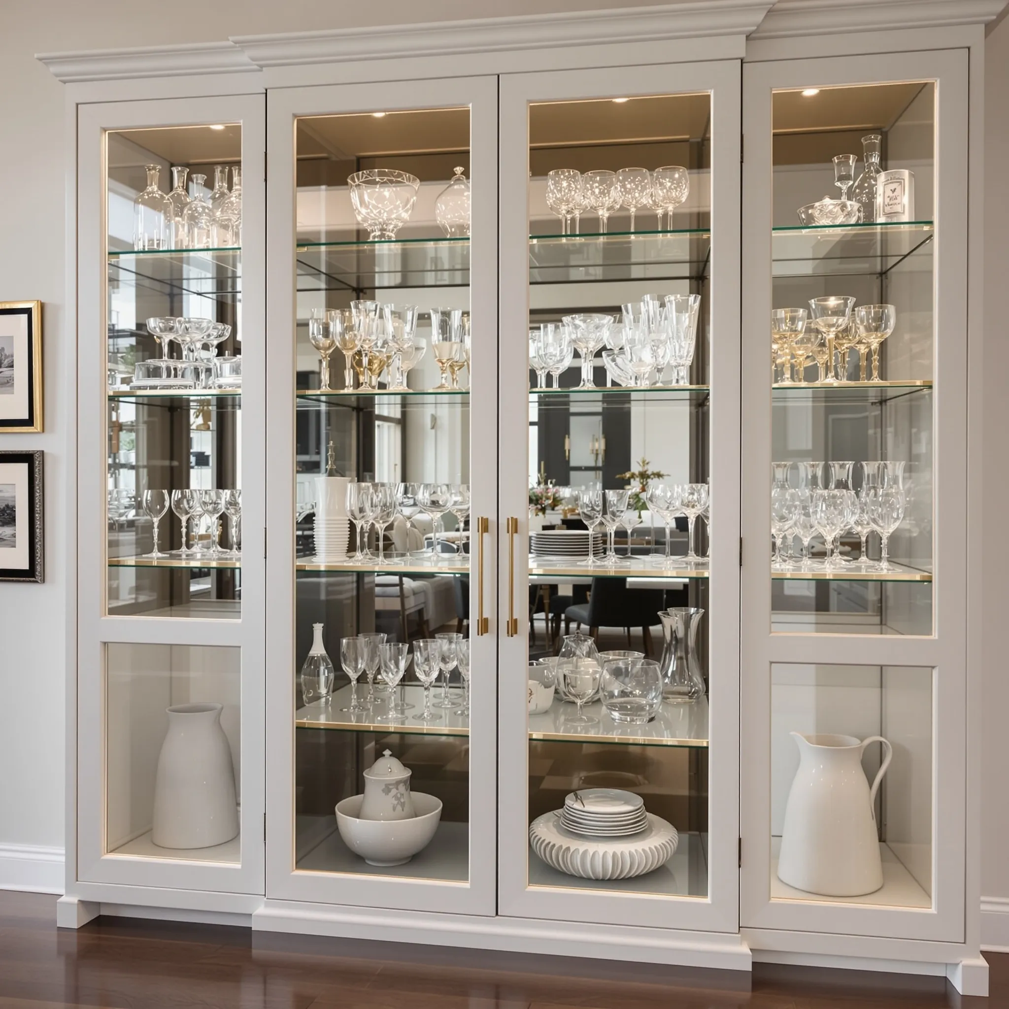 An elegant off-white china cabinet with four glass doors and gold handles, featuring internal lighting to showcase a large collection of crystal glassware on glass shelves.