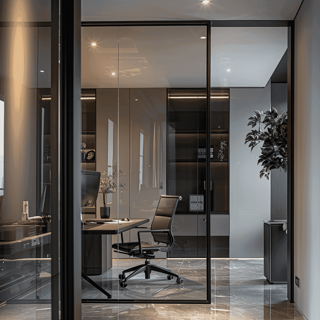 Modern office space featuring sleek custom glass partition, showcasing tempered glass doors and a stylish workspace with minimalistic design elements.