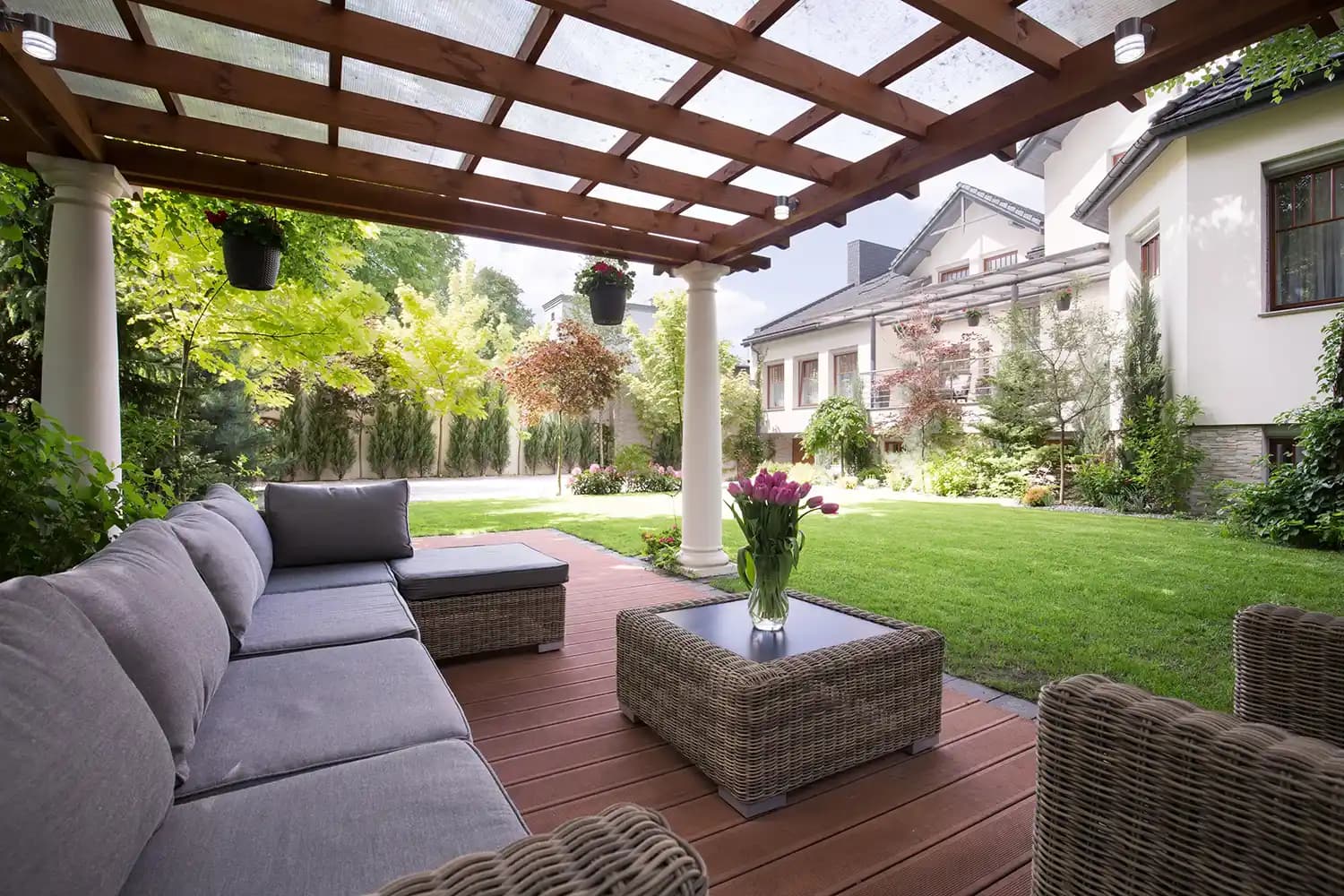 Outdoor seating area with a glass-topped table