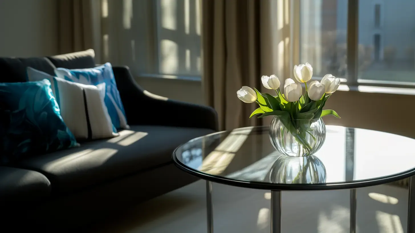 A glass-top coffee table with a clear vase of white tulips sits next to a dark gray sofa with blue and white throw pillows, bathed in warm sunlight coming through a large window.