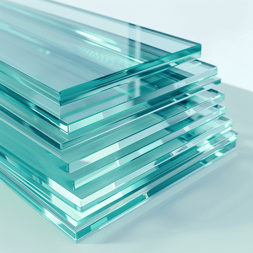 Stack of custom tempered glass sheets with a beveled edge, suitable for shower doors, table tops, and mirrors.