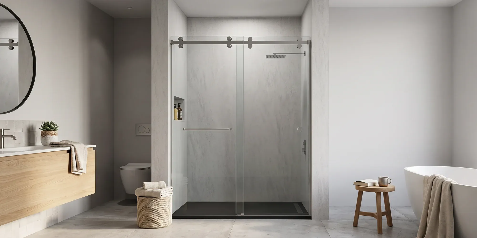 Clear frameless sliding glass shower door with a brushed nickel track in a bright bathroom