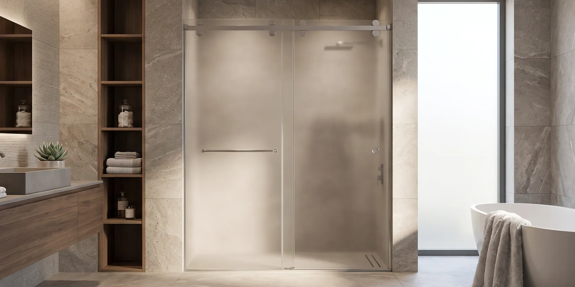 Frosted glass sliding shower door on a brushed steel roller track in a modern bathroom