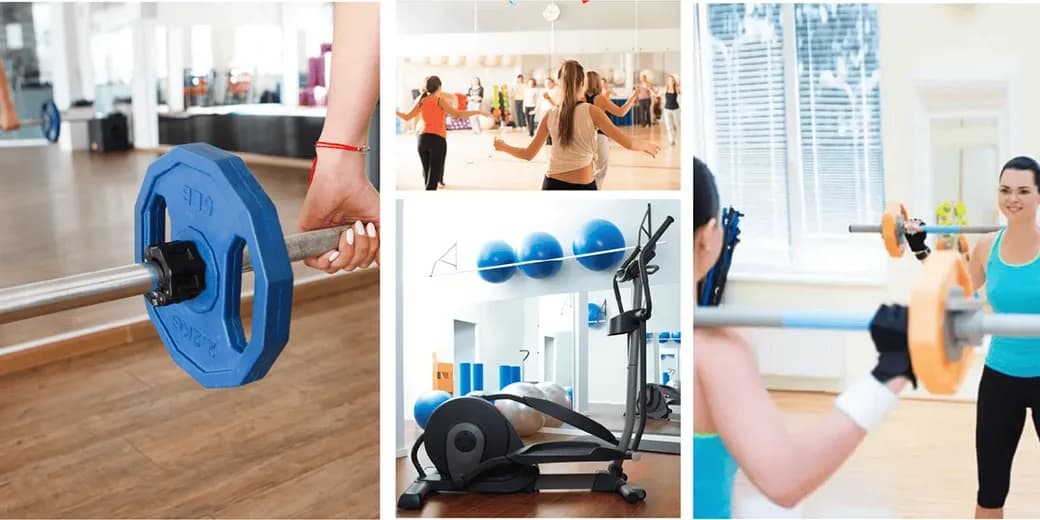 Women exercising in a gym setting with weights and fitness equipment, showcasing a dynamic workout environment ideal for health and wellness.