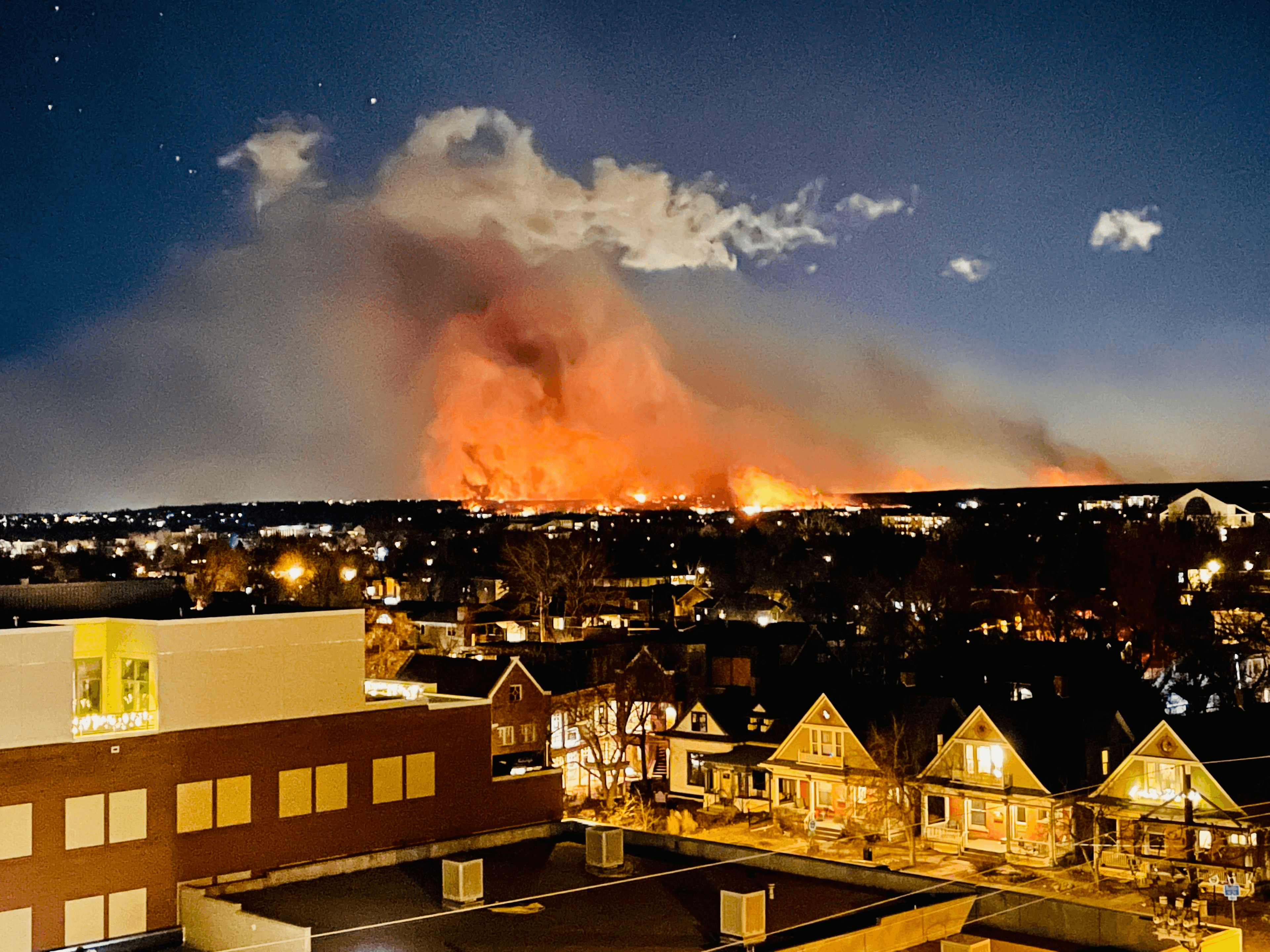 Fire displayed in the distance of cityscape