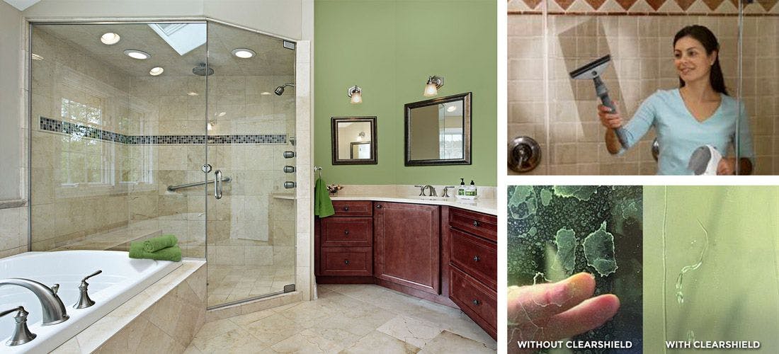 Three images side by side: 1st - Bathroom with green walls