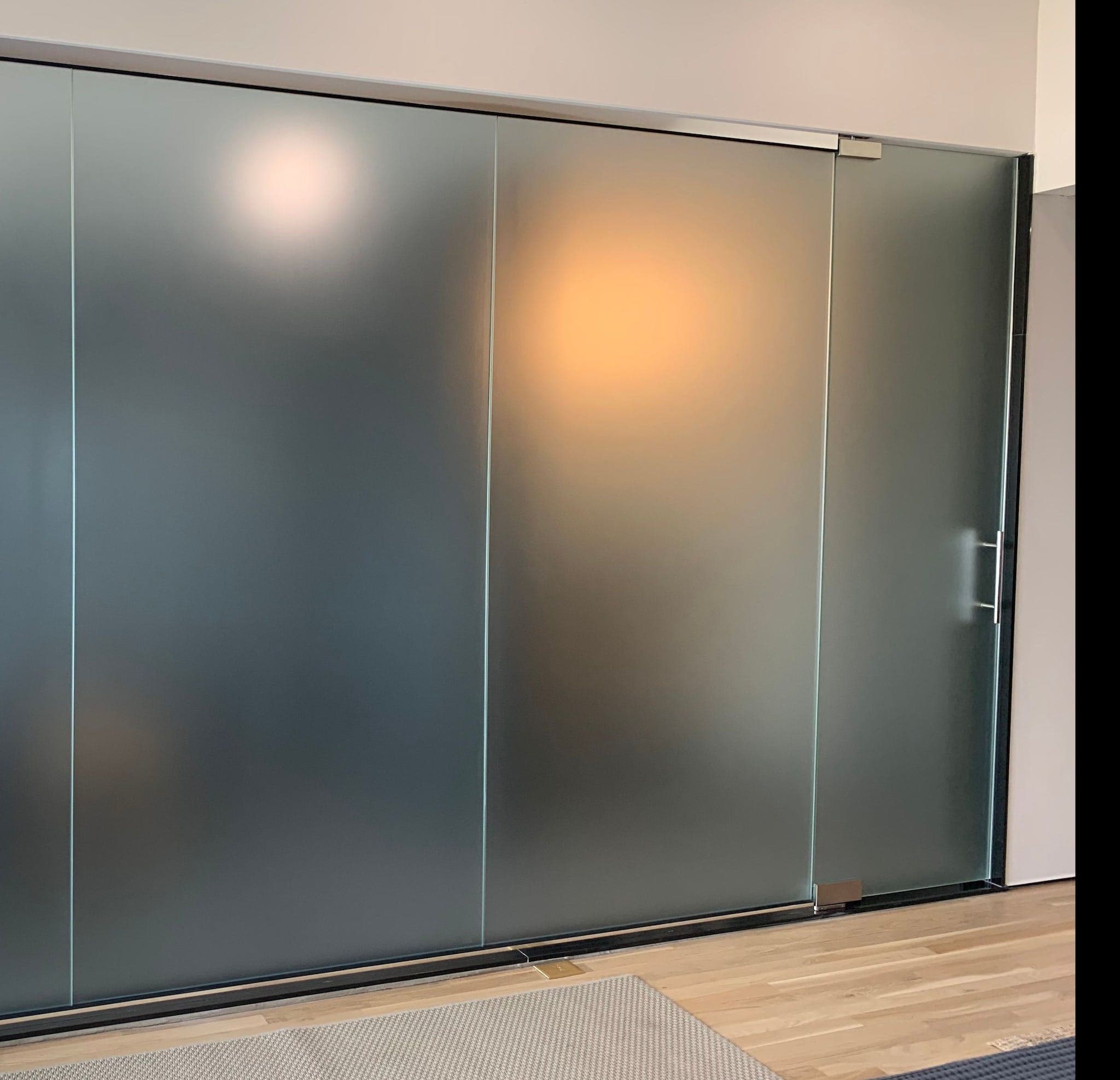 Frosted glass shower doors with sleek handles and modern design, showcasing custom glass solutions ideal for bathrooms.