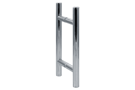 Modern chrome handle for shower doors, showcasing custom glass design and functionality.