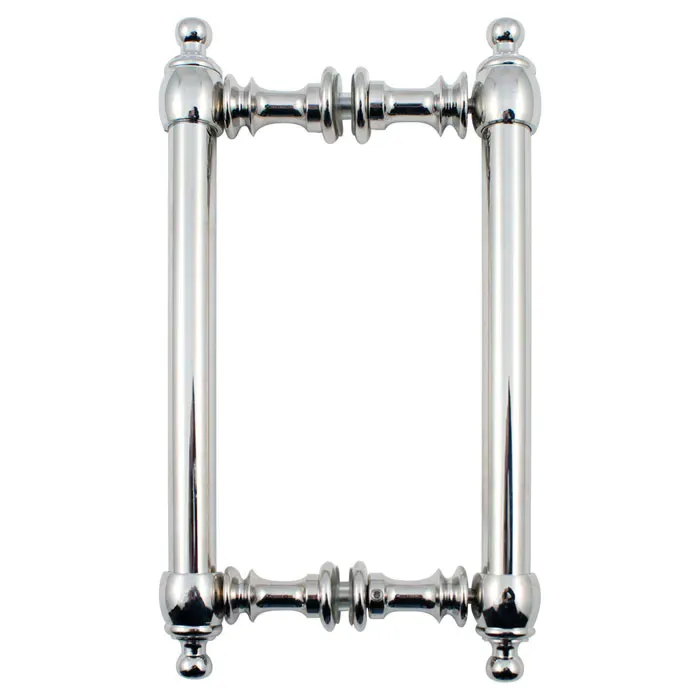 Chrome shower door handle featuring elegant design, ideal for custom glass installations and enhancements.