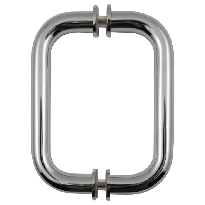Polished chrome handle for shower doors, suitable for custom glass installations, enhancing modern aesthetics and functionality.