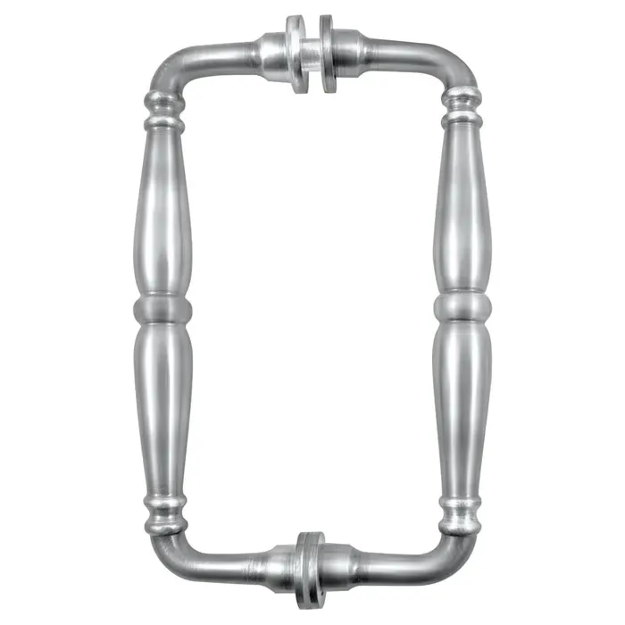 Silver handles designed for custom glass applications, suitable for shower doors and mirrors, showcasing a stylish and durable design.