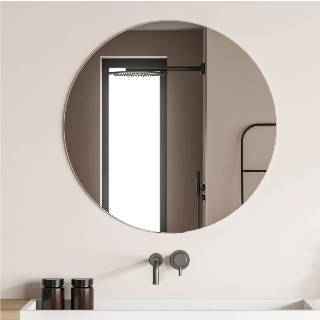 Round mirror reflecting a shower door in a modern bathroom, showcasing custom glass design and stylish fixtures, ideal for enhancing shower doors, table tops, and mirrors.