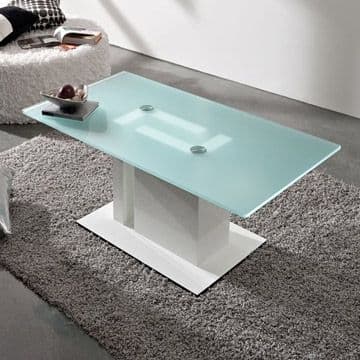 Modern glass table top with frosted tempered glass surface and stylish white pedestal base, showcasing custom glass design elements.