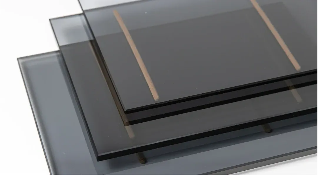 Stacked tempered glass panels for custom shower doors, table tops, and mirrors, featuring a sleek beveled glass edge design.