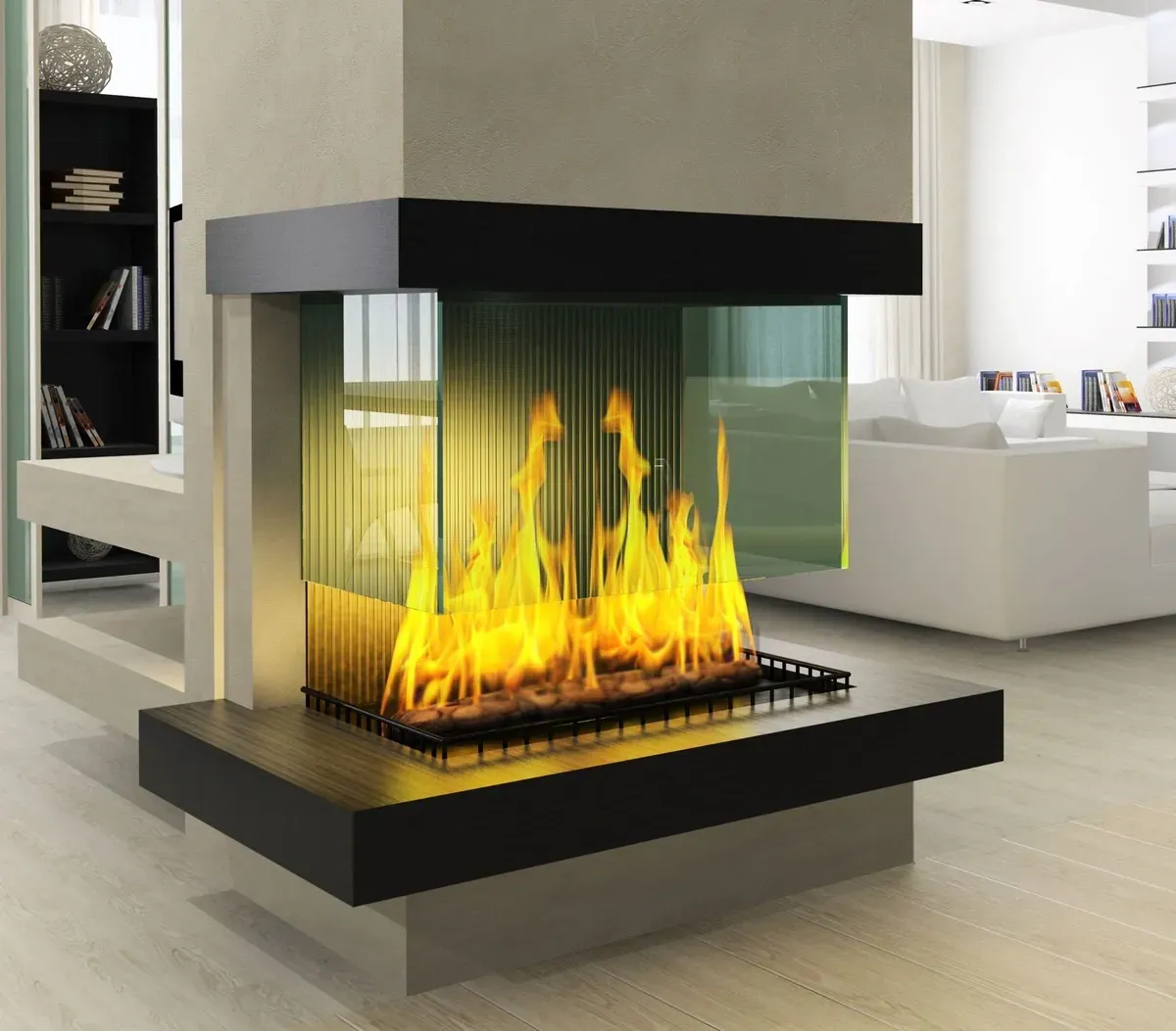 Modern glass fireplace with custom glass panels and a sleek design, showcasing tempered glass and a stylish beveled glass edge in a contemporary living room setting.
