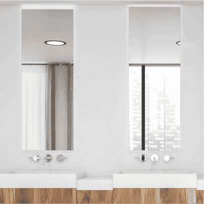 Modern bathroom featuring large custom mirrors above sinks, showcasing sleek design with tempered glass accents and a stylish wood base.