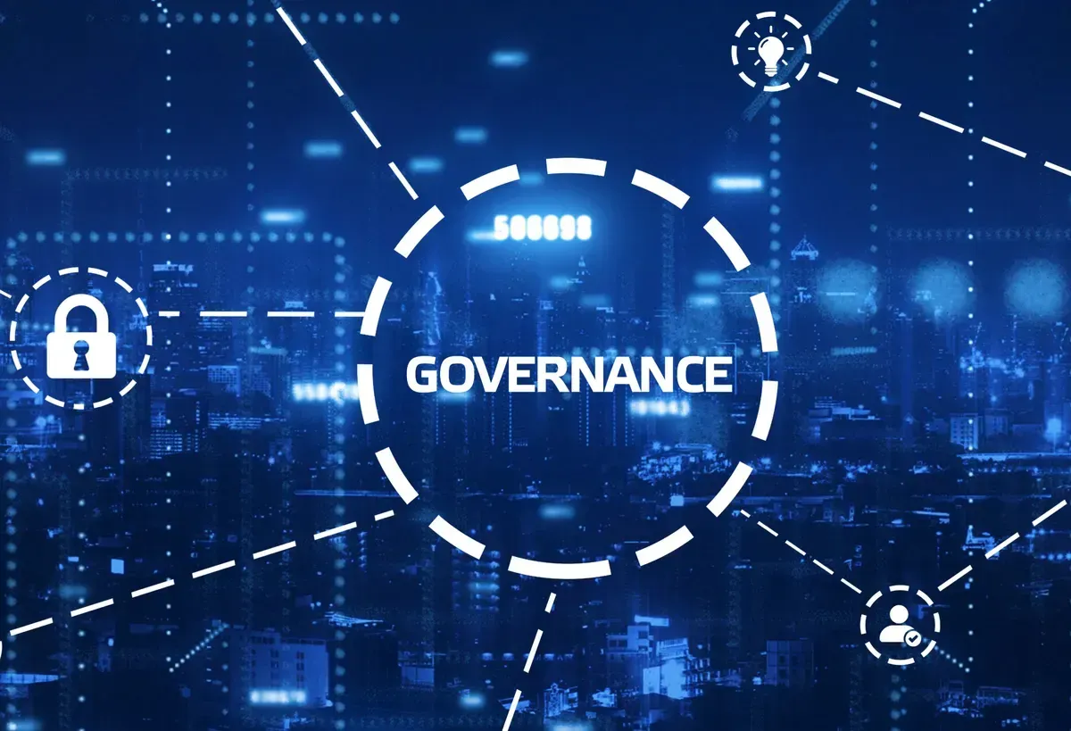 Abstract digital representation of governance with interconnected icons, emphasizing security and data management, symbolizing innovation in the glass industry, including custom glass solutions like shower doors, table tops, and mirrors.