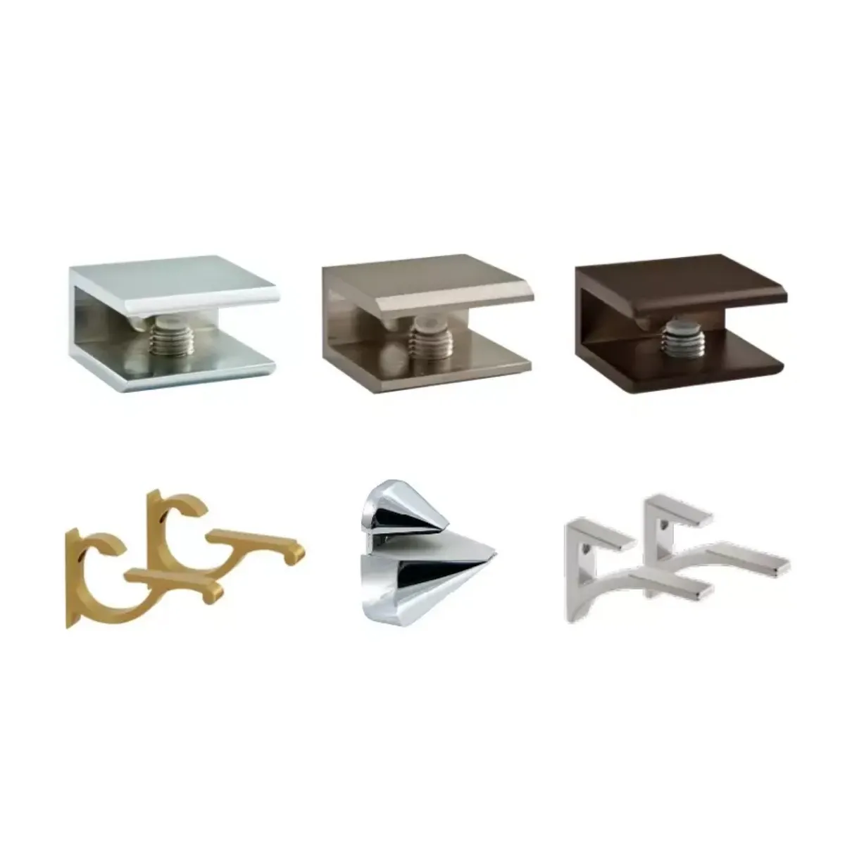 Various metal glass clamps and brackets for shower doors, table tops, and custom glass applications, showcasing finishes in silver, bronze, and gold.