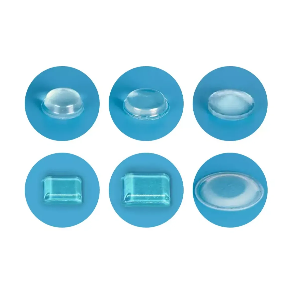 various shapes of glass samples including dome, flat, and rectangular designs for custom glass applications in shower doors, table tops, and mirrors, showcasing tempered and beveled glass edges.