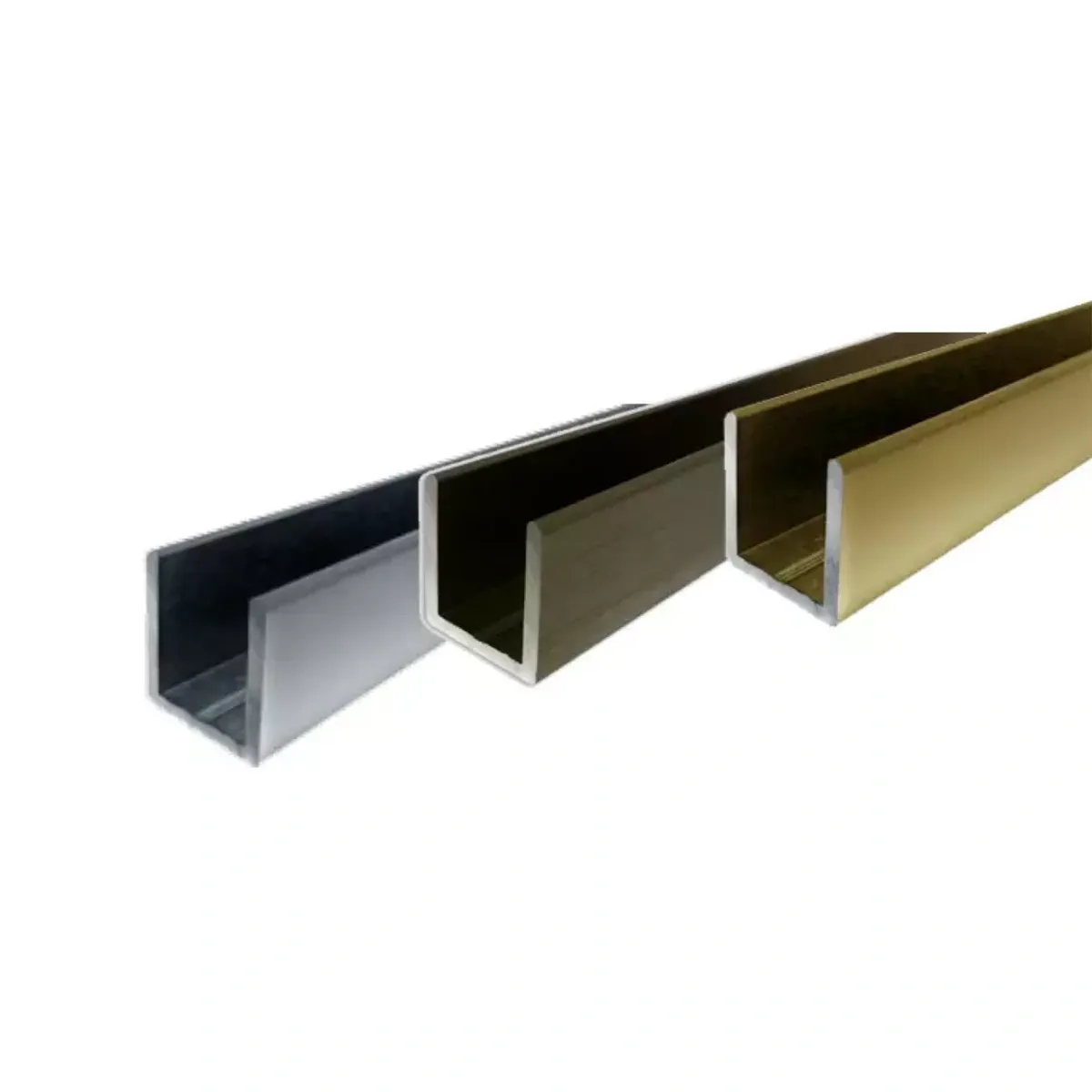 Custom glass framing options featuring aluminum extrusions in silver, black, and gold finishes, suitable for shower doors, table tops, and mirrors.