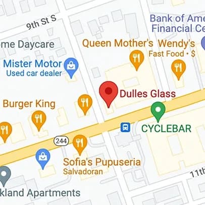 Dulles Glass location on map, offering custom glass solutions including shower doors, table tops, mirrors, tempered glass, and beveled glass edges.