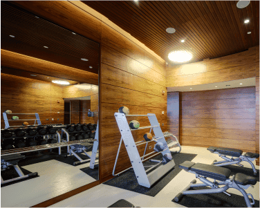 Modern gym interior featuring a large mirror, highlighting custom glass design, with an emphasis on functionality and aesthetics, suitable for showcasing custom glass solutions like mirrors, tempered glass, and shower doors.