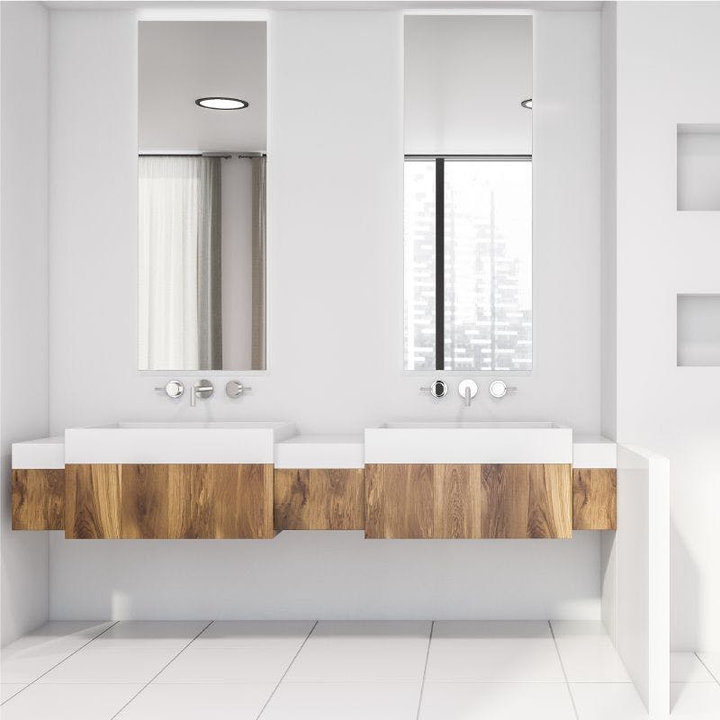Modern bathroom with double sinks and rectangle mirrors