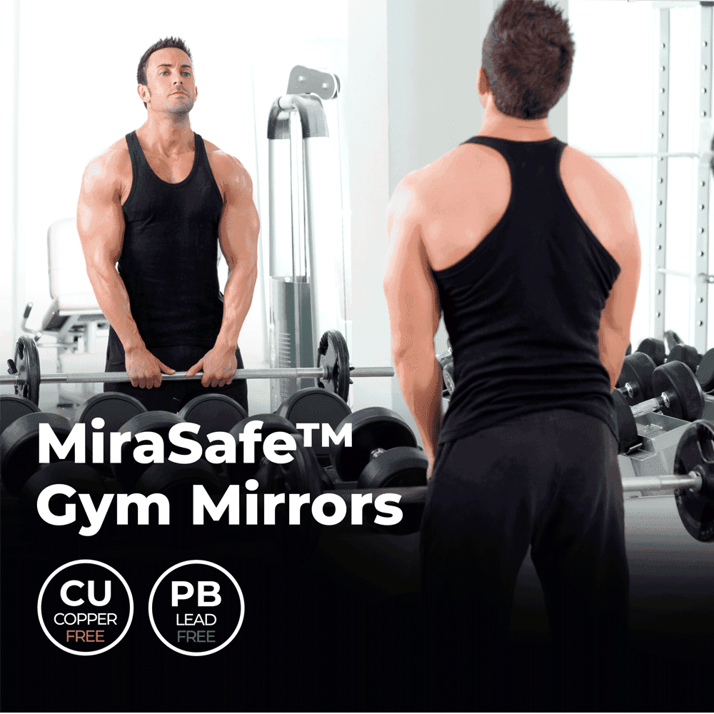 MiraSafeÖ gym mirrors showcasing custom glass solutions, copper-free and lead-free options for fitness spaces, emphasizing high-quality tempered glass.