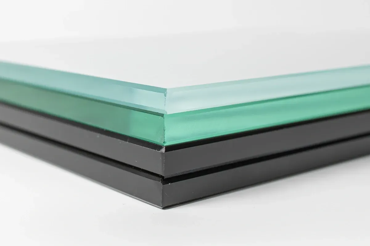 Layered custom glass showcasing tempered glass and beveled glass edges, ideal for shower doors, table tops, and mirrors.