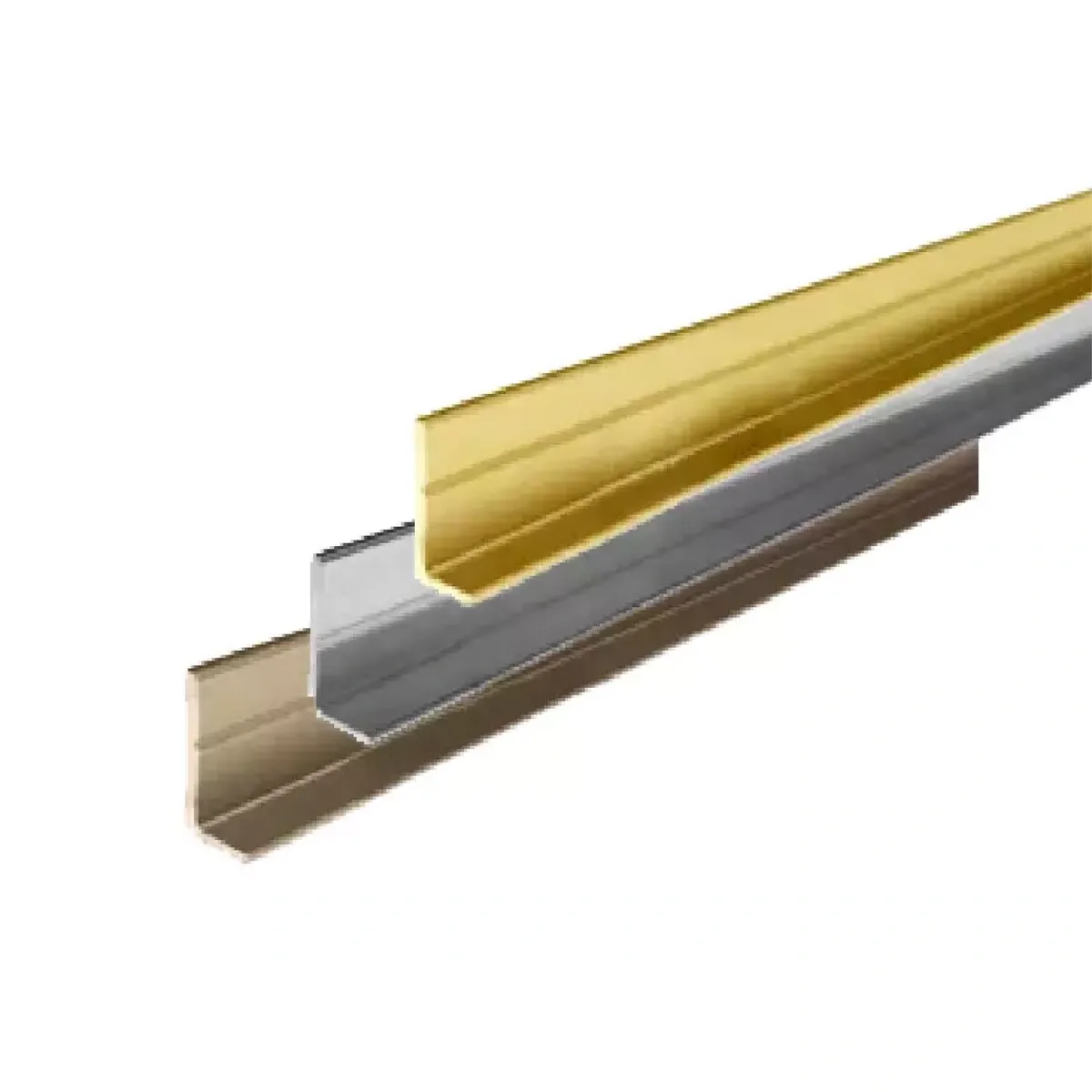 Custom glass trim for shower doors and mirrors in various finishes, including gold, silver, and bronze, suitable for tempered glass and beveled glass edges.