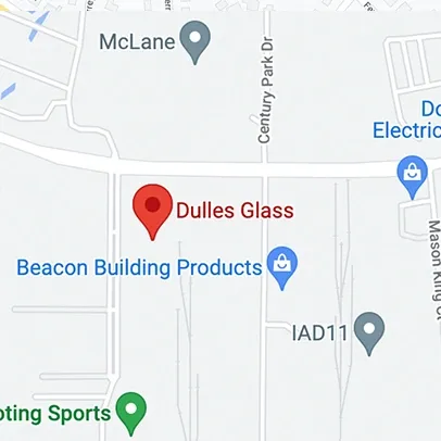 Location map of Dulles Glass, a provider of custom glass solutions including shower doors, table tops, mirrors, tempered glass, and beveled glass edges.
