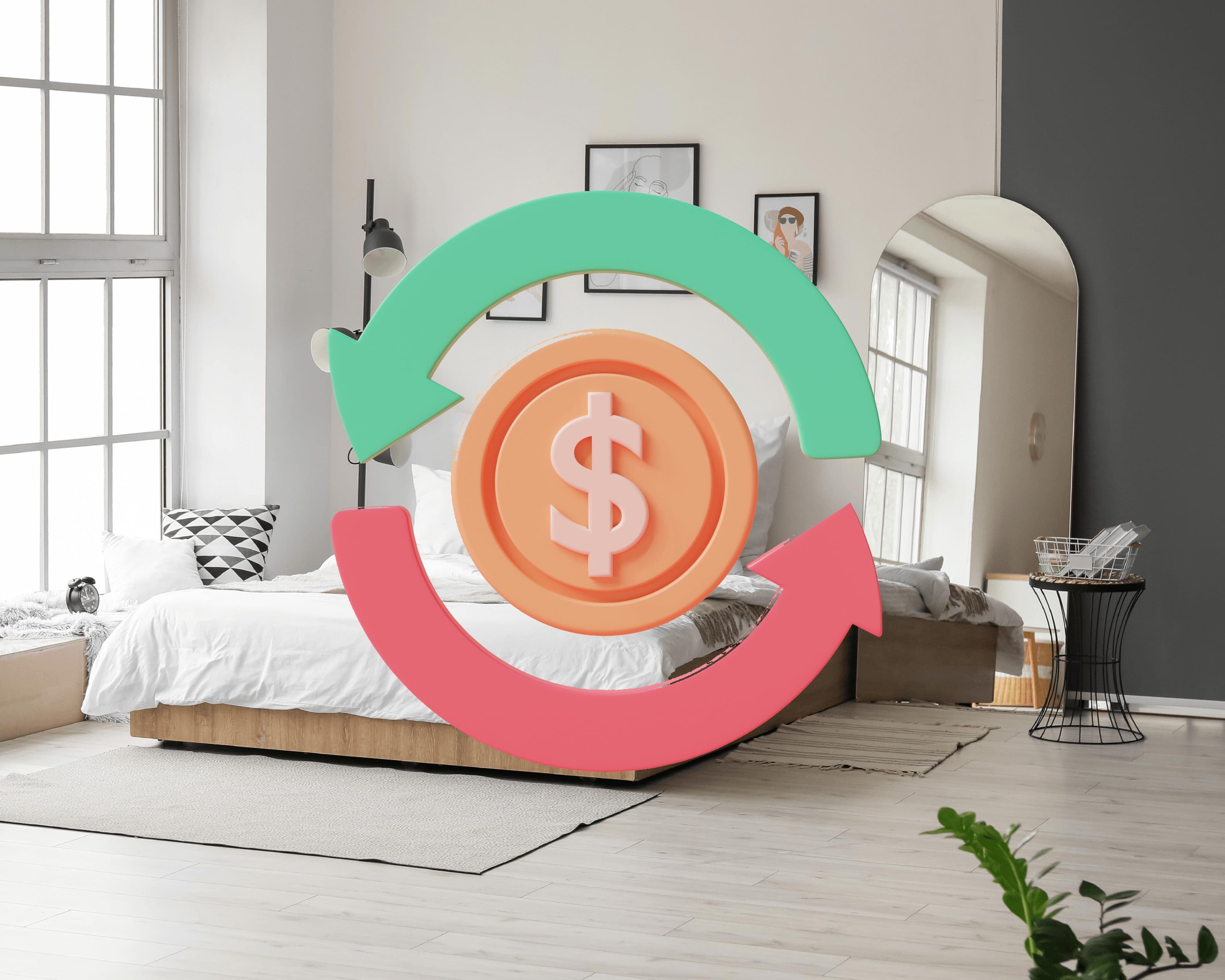 Modern bedroom featuring a stylish curved mirror, emphasizing custom glass solutions, including shower doors, table tops, and beveled glass edge designs.