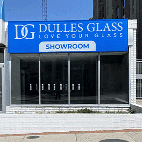 Dulles Glass showroom exterior featuring custom glass solutions including shower doors, table tops, mirrors, tempered glass, and beveled glass edge options.