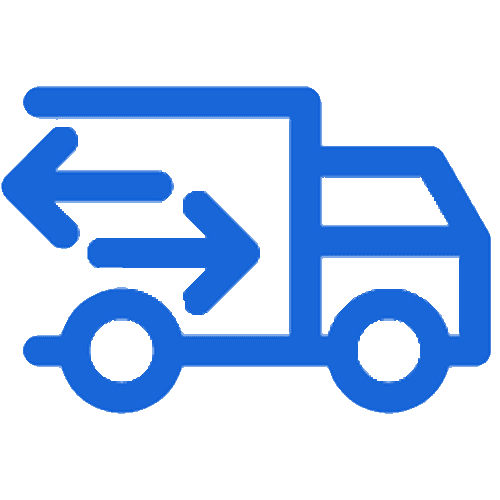 Delivery truck icon representing custom glass solutions including shower doors, table tops, mirrors, tempered glass, and beveled glass edge services.