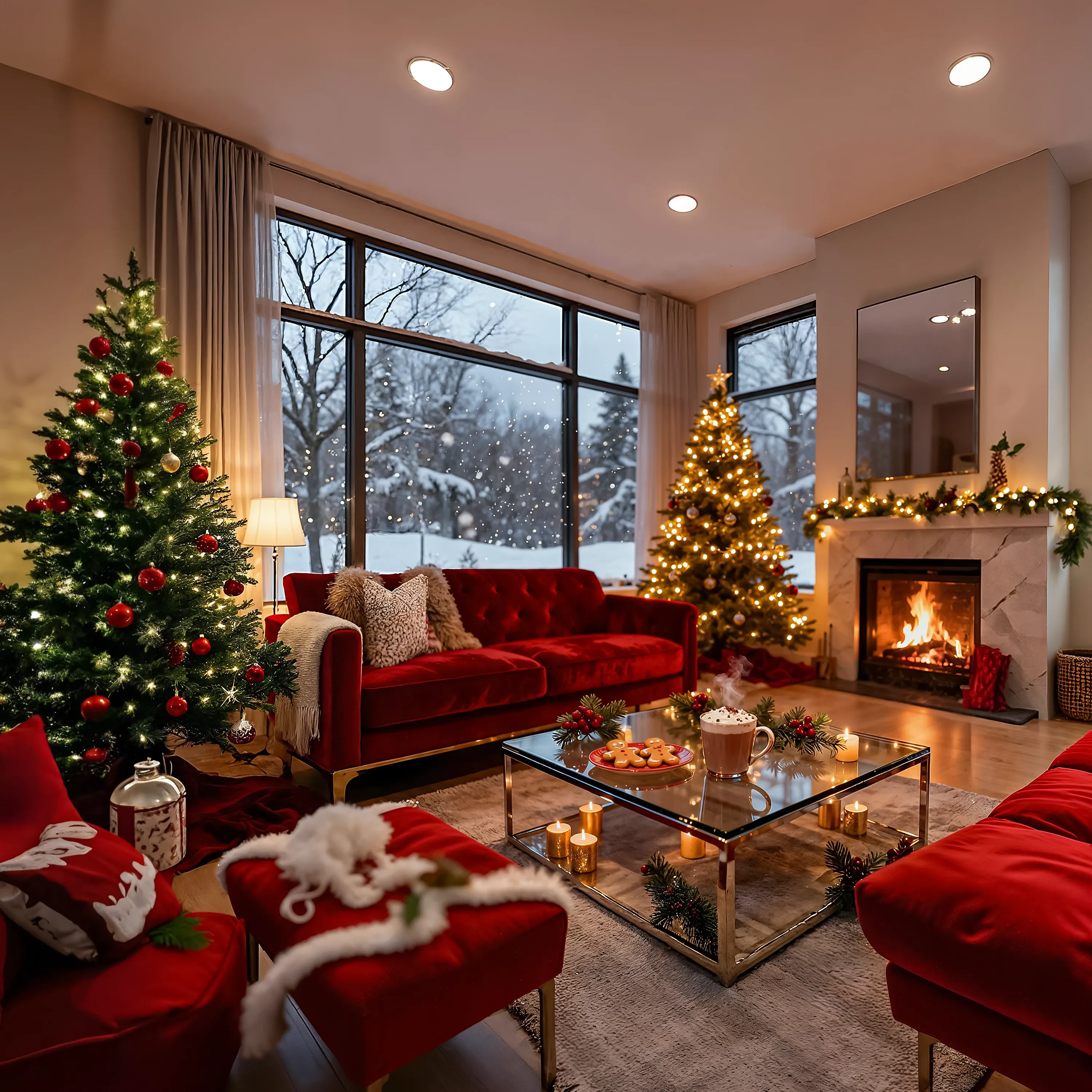 A cozy living room scene looking out onto a snowy landscape, featuring a red velvet sofa, a lit Christmas tree, and a glass coffee table with hot cocoa and gingerbread cookies.