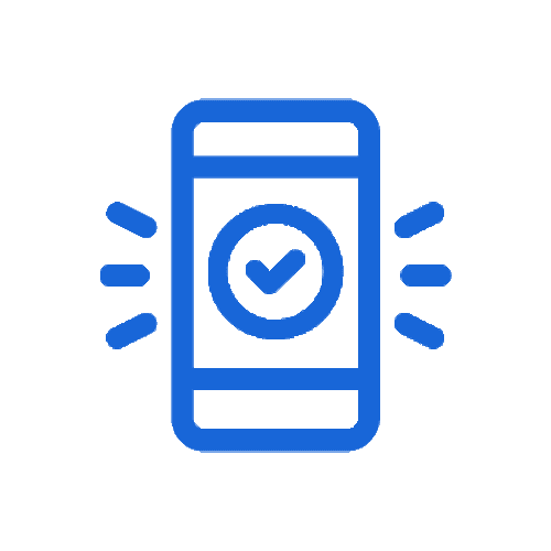 Icon of a smartphone with a checkmark, symbolizing customer service for custom glass products like shower doors, table tops, mirrors, tempered glass, and beveled glass edge.