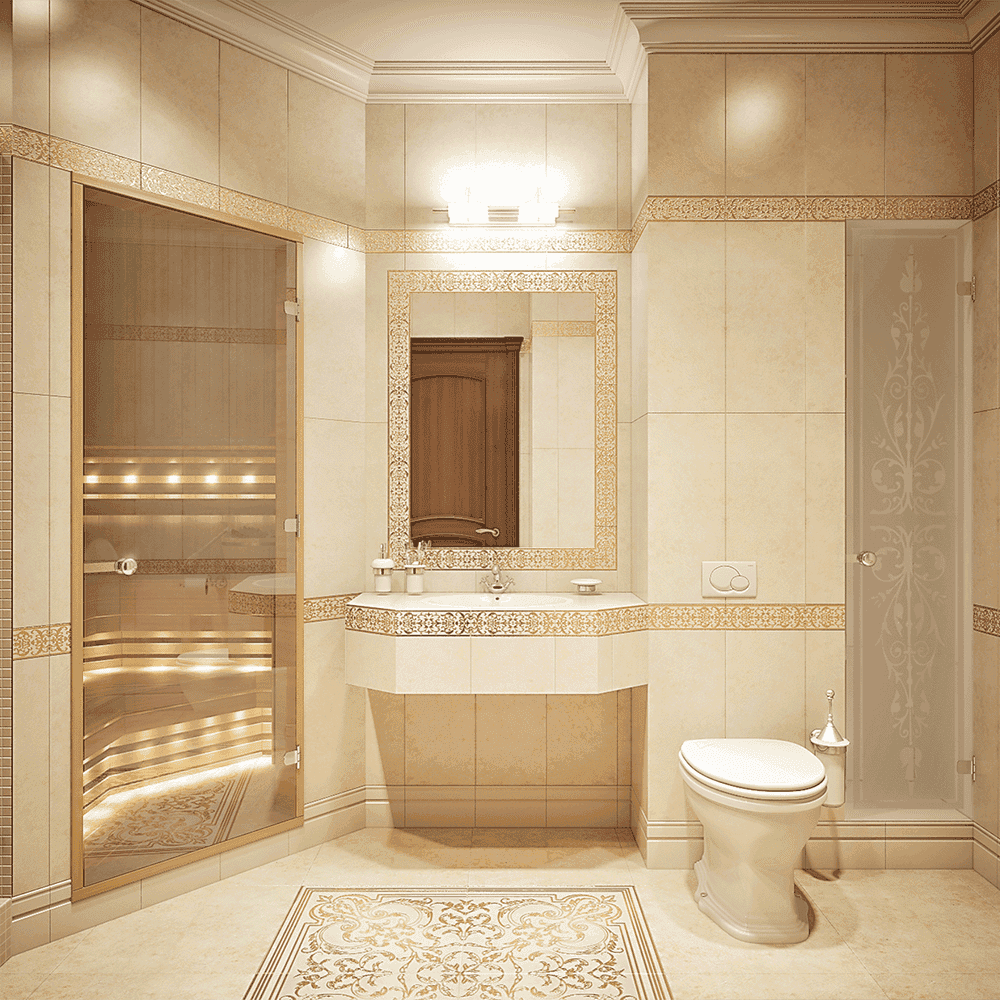 Elegant bathroom featuring custom glass shower doors, a stylish beveled glass edge mirror, and luxurious tile work, highlighting the beauty of tempered glass elements.