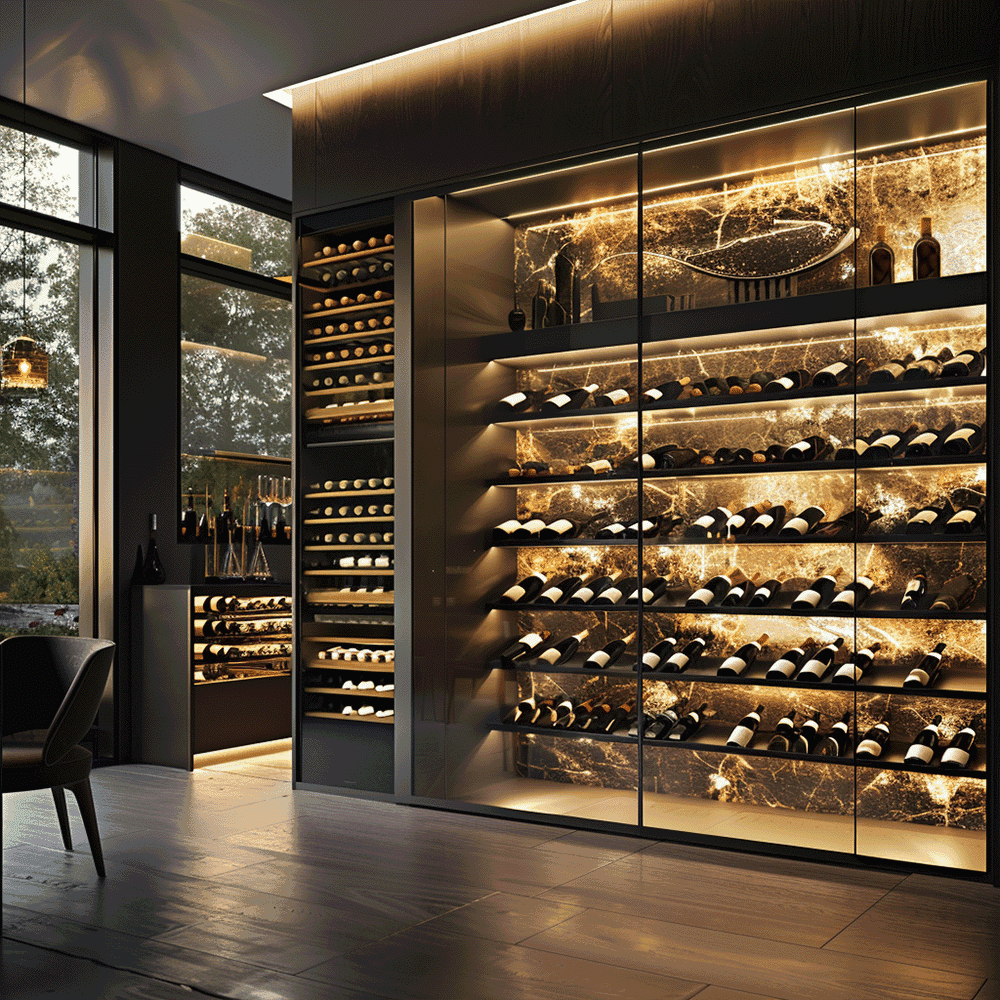 Modern wine cellar featuring custom glass shelving and cabinetry, illuminated by warm lighting, showcasing bottles against a stunning marble backdrop, highlighting the elegance of tempered glass.