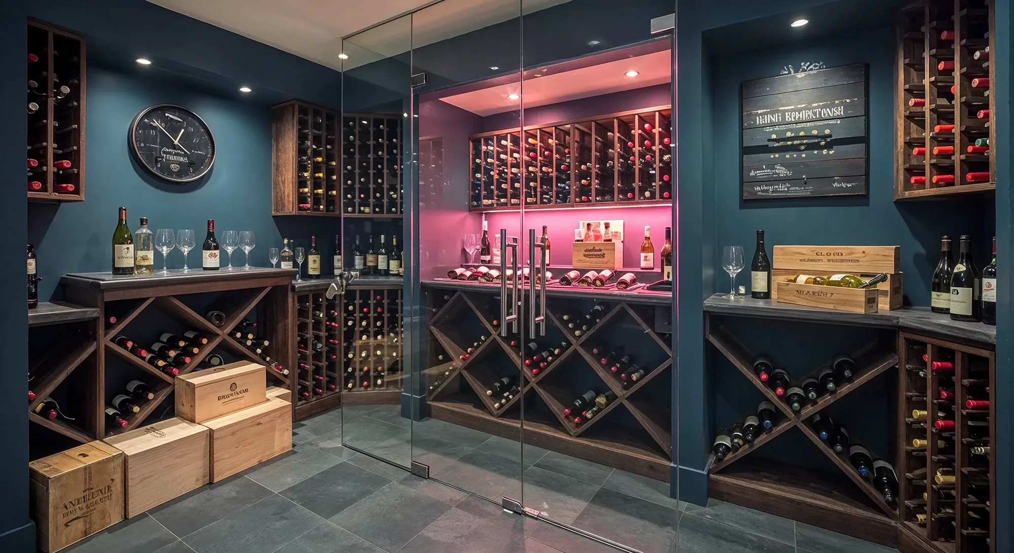 Luxurious wine cellar with dark blue walls, a frameless glass partition, and a backlit wine storage area with pink lighting.