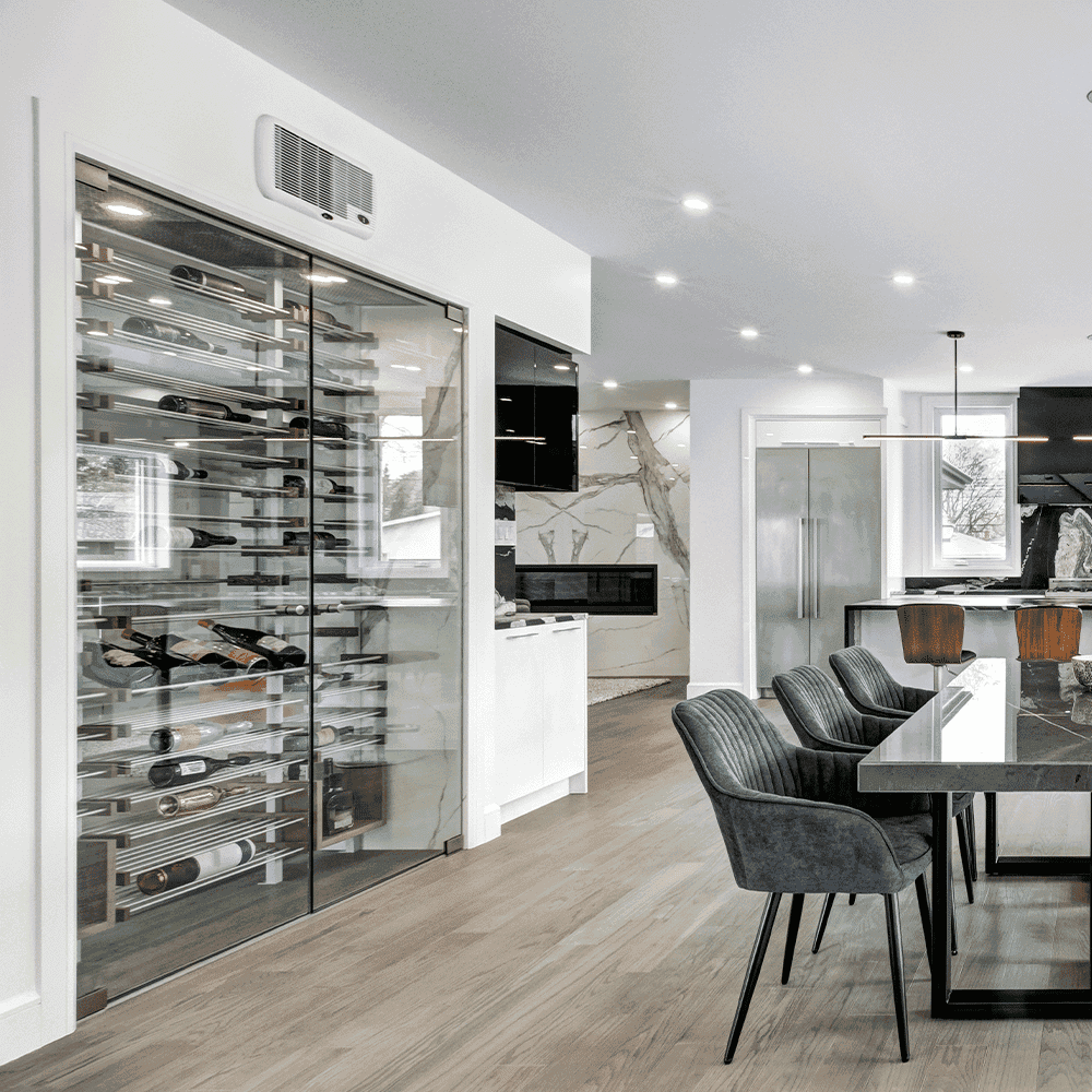 Modern kitchen featuring custom glass wine storage