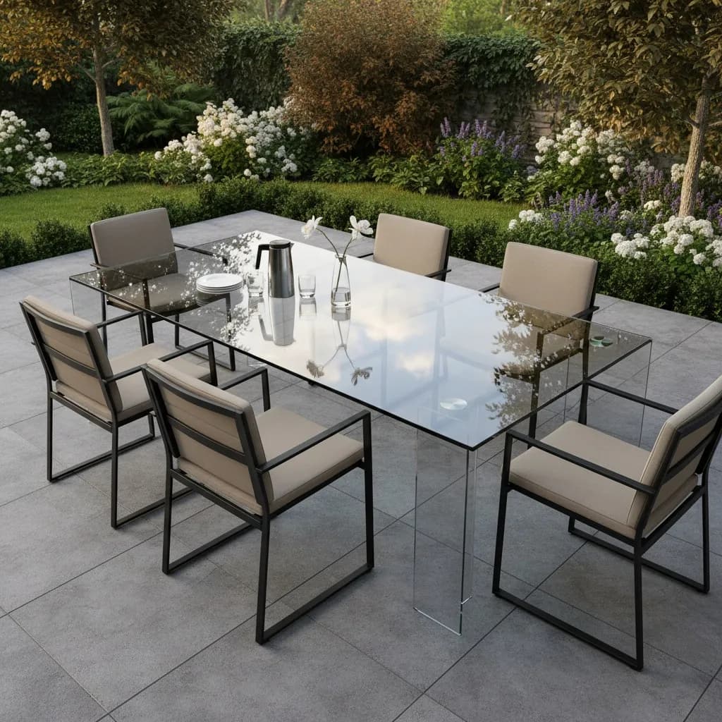 A modern outdoor dining set featuring a minimalist all-glass table with thick glass legs, surrounded by six chairs on a stone patio in a lush garden.
