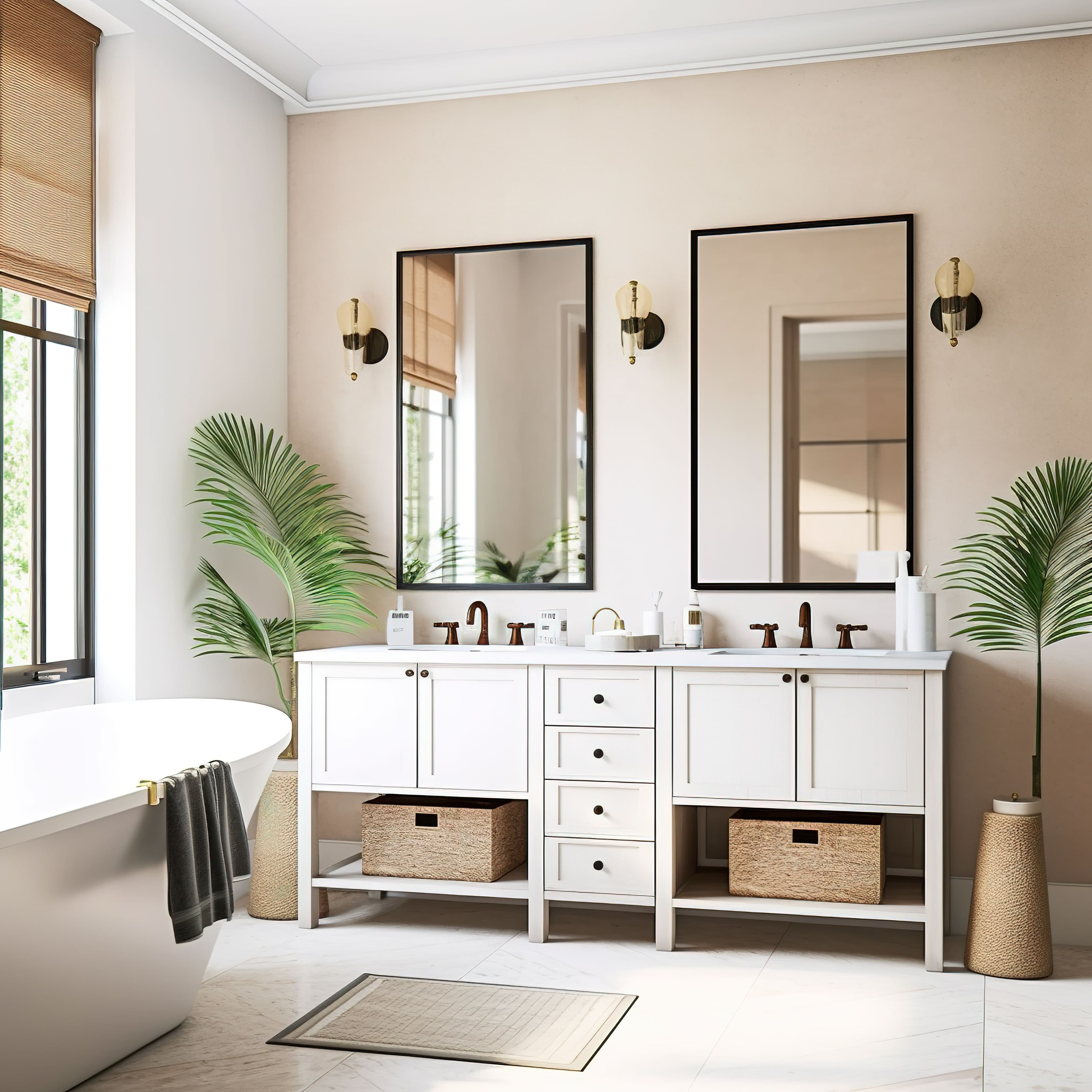 Modern bathroom featuring custom mirrors, sleek vanity, and elegant decor, showcasing possibilities for shower doors, table tops, tempered glass, and beveled glass edge designs.