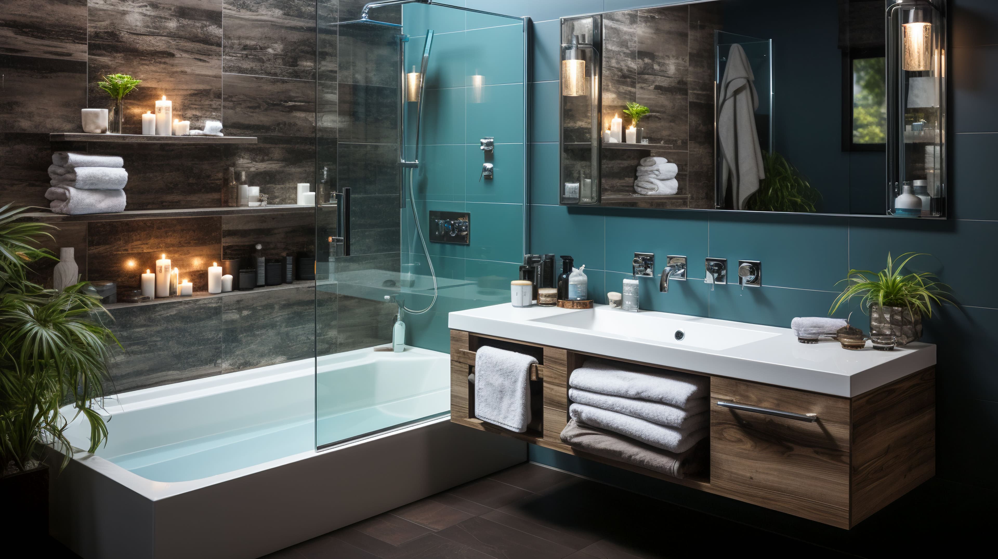 Modern bathroom featuring custom glass shower doors, a sleek countertop with a beveled glass edge, and a stylish mirror, complemented by contemporary decor and ambient lighting.