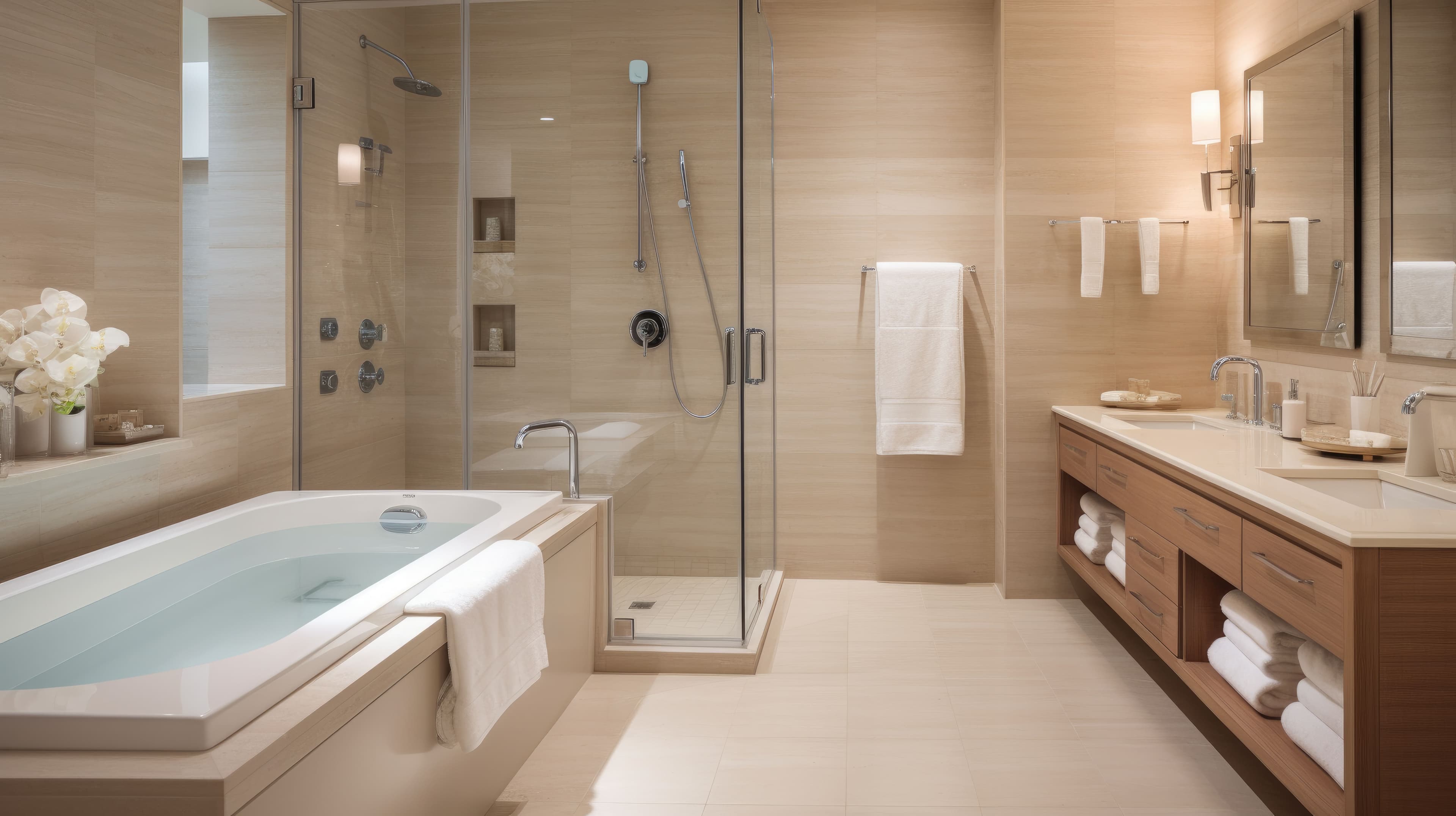 Modern bathroom featuring custom glass shower doors, a luxurious soaking tub, and elegant beveled glass edge mirrors, complemented by warm wood cabinetry and neutral tones.