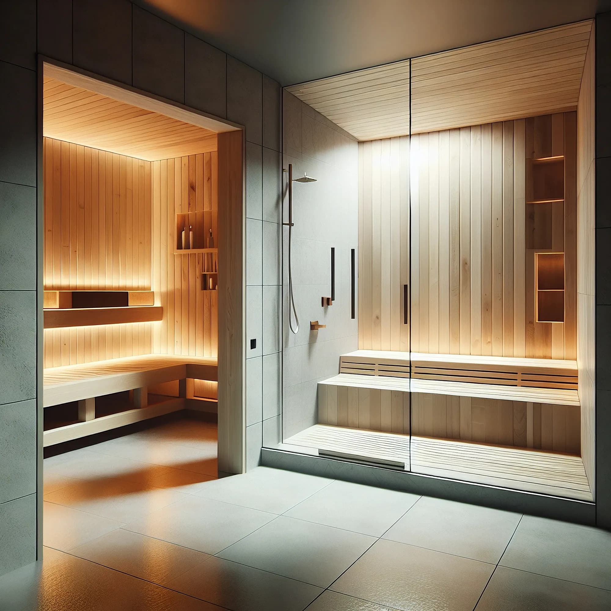 A minimalist home spa with a glass-enclosed steam shower and an adjacent traditional sauna, both with backlit wood benches.